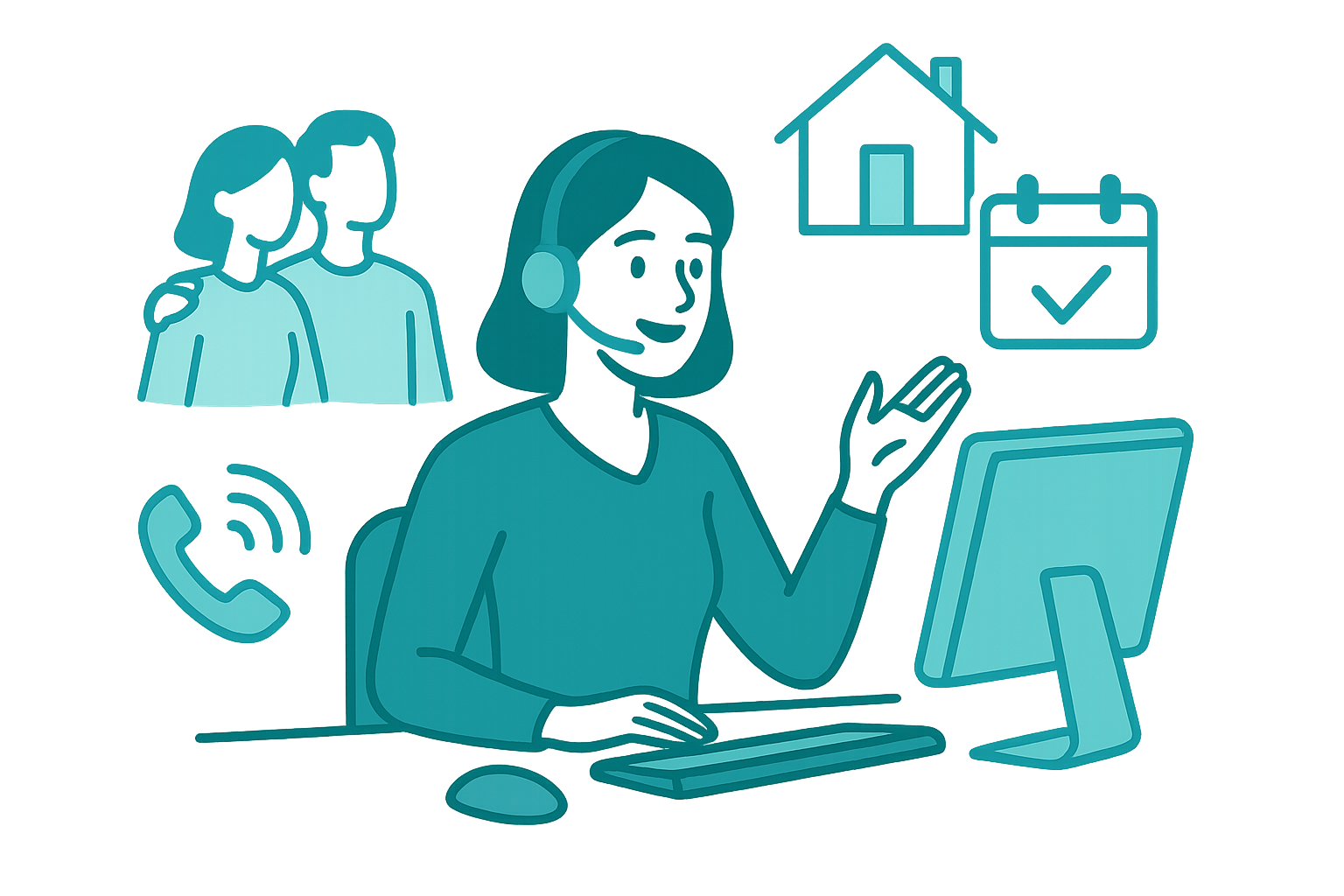 Ilustración del agente de voz Laura hablando con clientes de una inmobiliaria